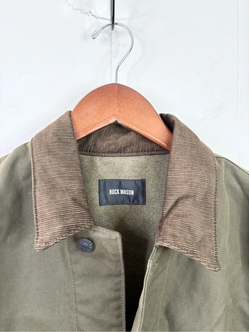 Buck Mason surplus green dry waxed canvas highland jacket size L men’s flaw
